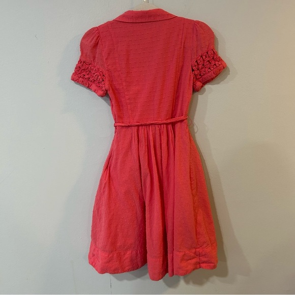 Maeve Anthropologie Coral 100% Cotton Swiss Dotted Belted Short Sleeve Dress 4 - Picture 7 of 8